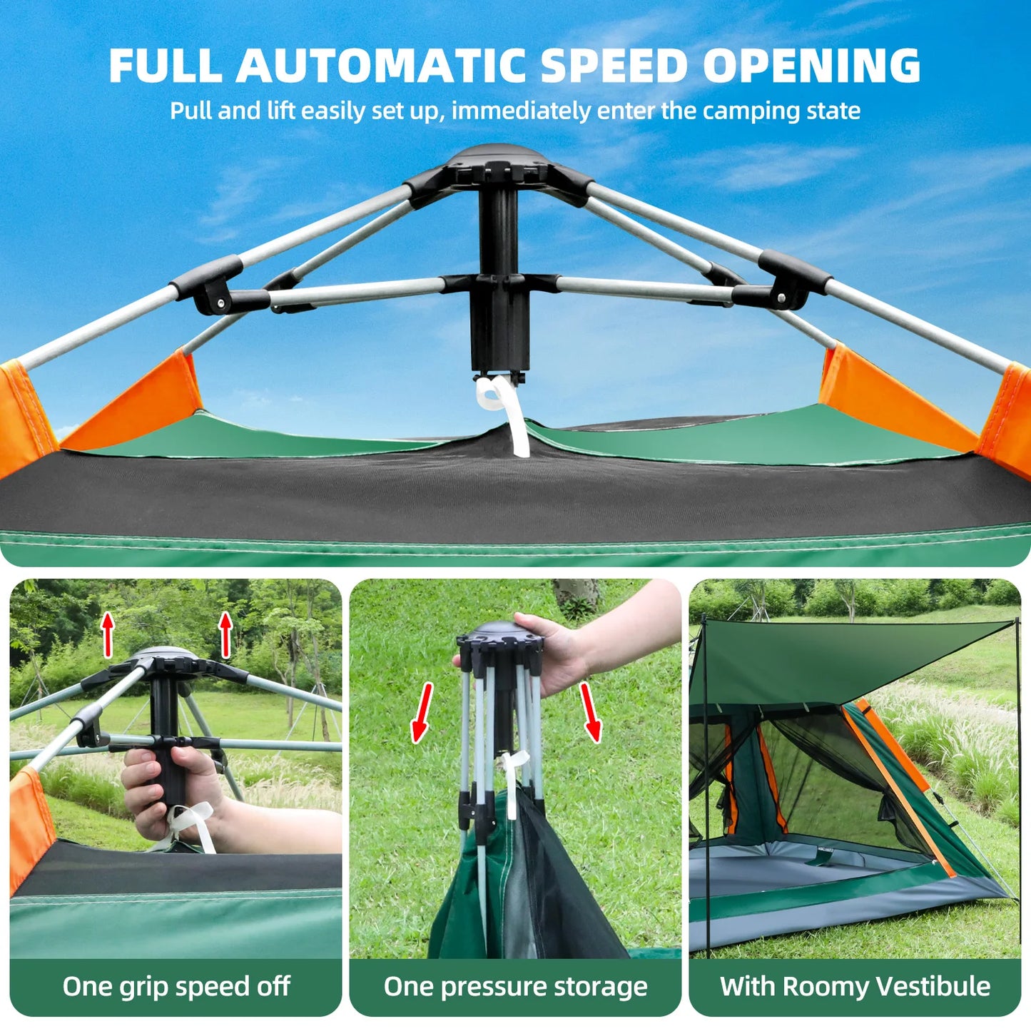 Automatic protective tent for 3-4 people, easy one-touch tent, large living room for sun shelter, travel, hiking